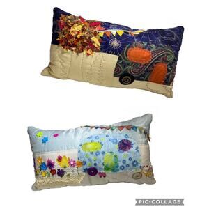 VTG Camping Throw Pillow Hand Made Seasons Fall Spring Reversible Quilted Embell